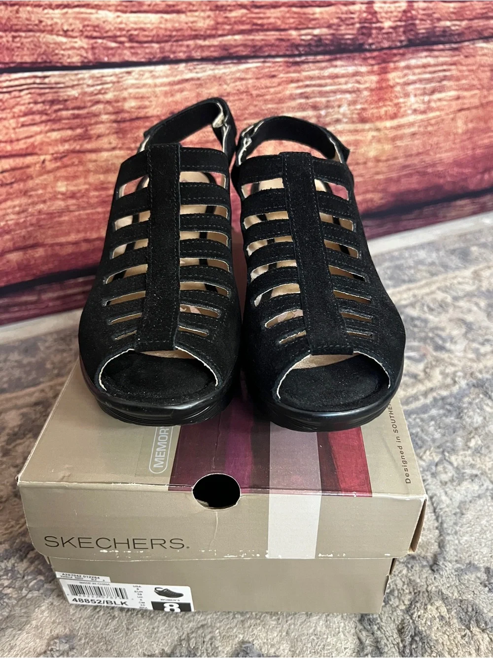 Skechers Parallel Trapezoid Memory Foam Black Wedge Sandals Size 8